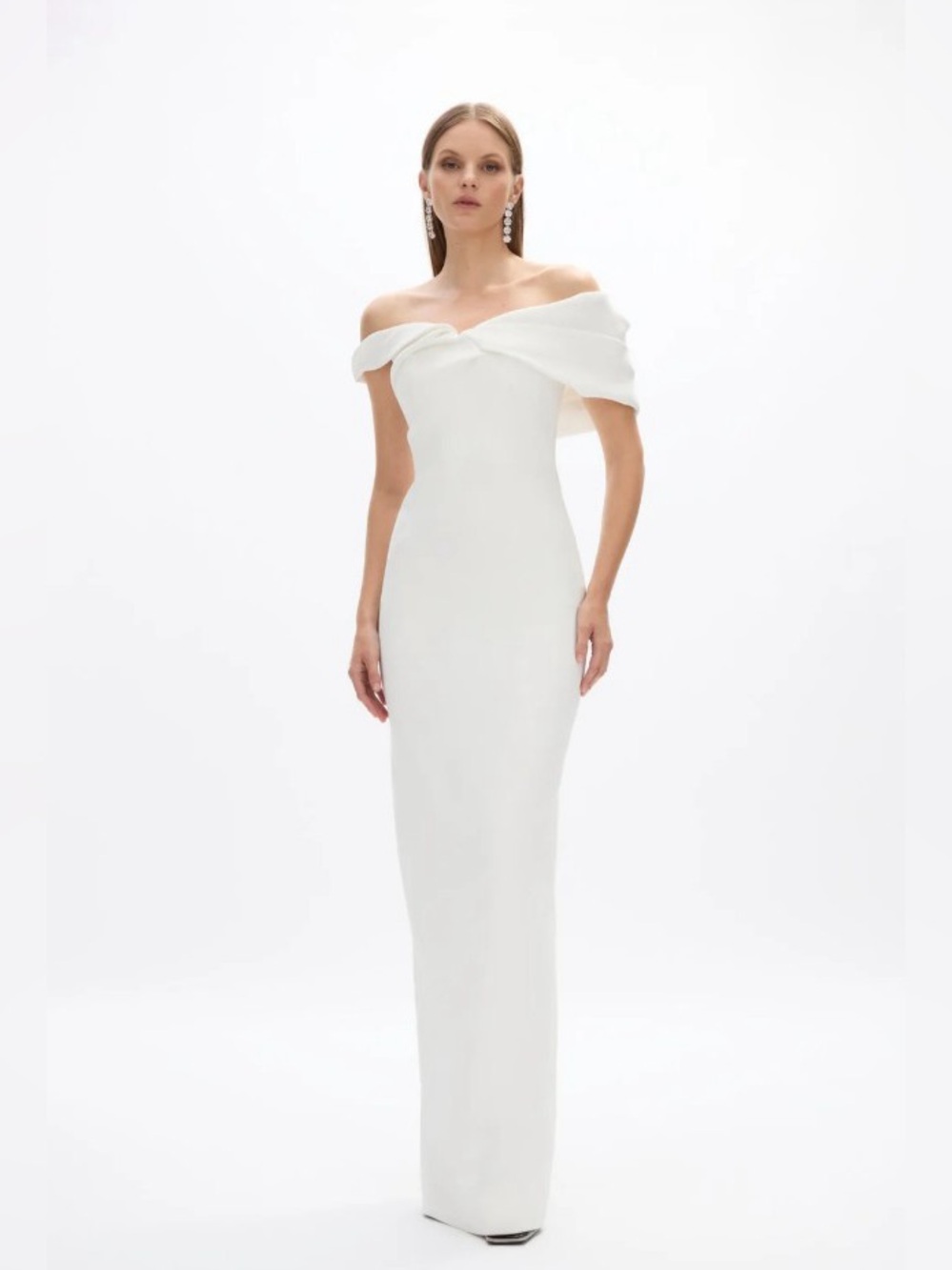 Rachel Gilbert Mattie White Bardot Off-the-shoulder Column Gown AU1/US4 NWT